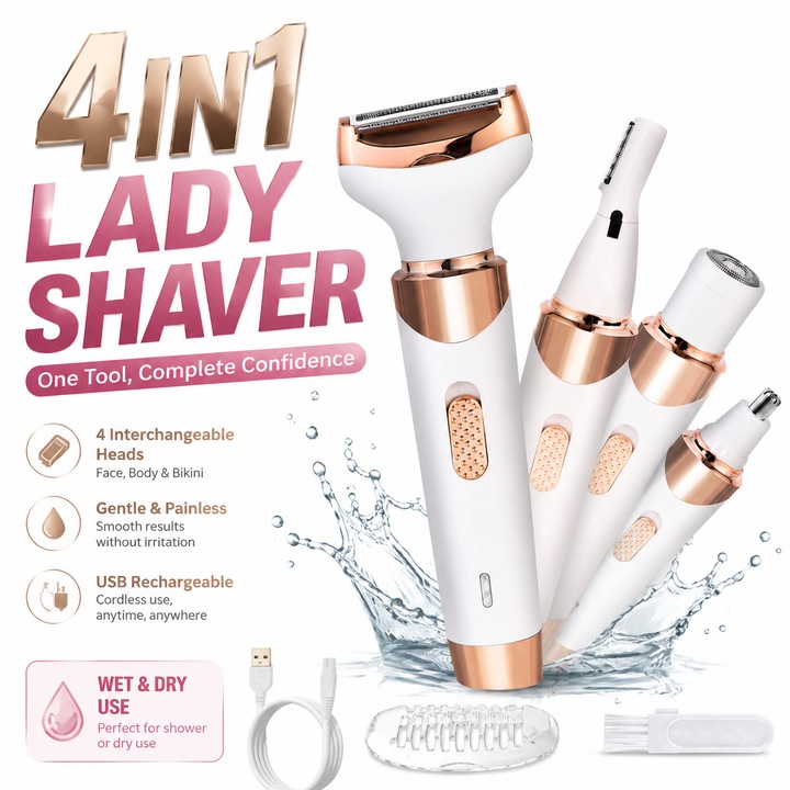 Aparat de ras electric 4 in 1 pentru femei, 4 capete interschimbabile, multifunctional, rezistent la apa IPX5, folosire in mediul uscat si umed, USB Type-C, 600mAh, design ergonomic, pentru fata, maini, picioare, partea privata a femeii, alb cu aur