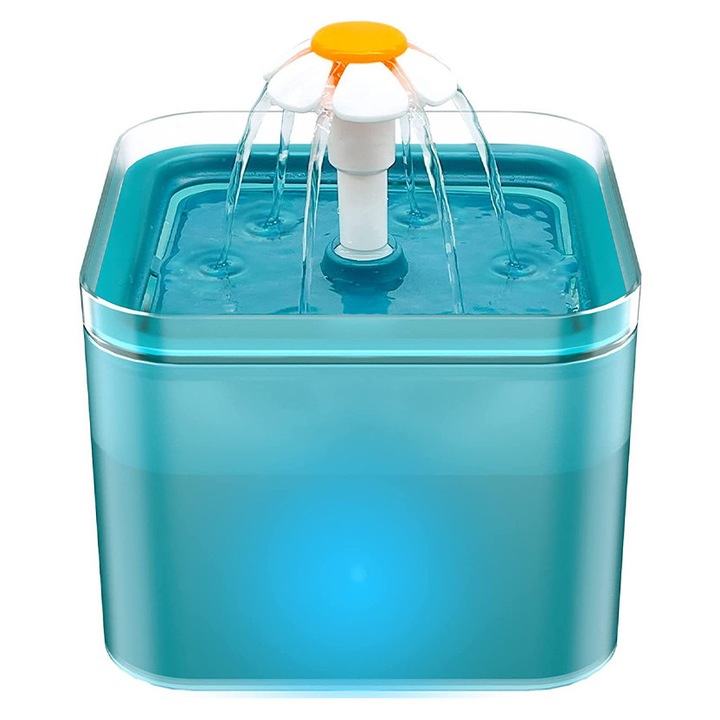 Fantana apa pentru pisici 2L, filtru carbon activ, LED, 16x16x12.6cm