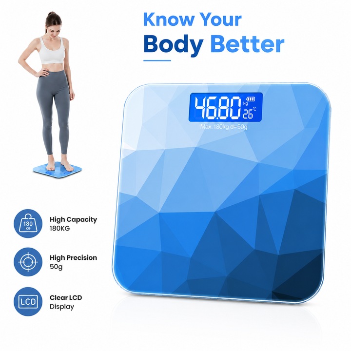 Cantar Digital pentru Baie cu Incarcare USB, Precizie 50g, Capacitate 180KG, Ecran LED Iluminat, Afisaj Temperatura, Pornire Automata, Sticla Securizata 26x26 cm, Albastru