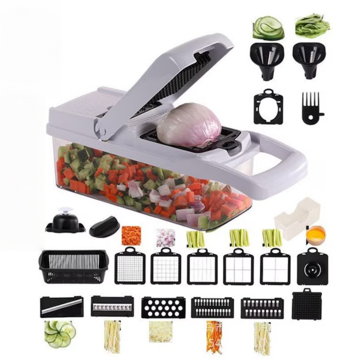 Tocator de Legume 22 in 1, Feliator multifunctional, Accesorii pentru bucatarie, taiat, razuit, tocat, maruntit, feliat, julienne, Accesorii de protectie, Lame, 32 x 11 x 10 cm, Alb