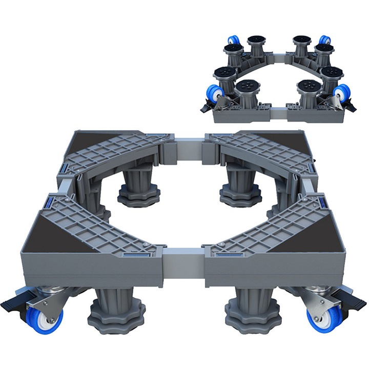 ET-LIFE Suport pentru masina de spalat, aragaz, frigider cu 8 picioare reglabile si 4 roti, Inaltime ajustabila 9-12cm, lungime/latime ajustabila 41-64cm, Sustinere 800kg, gri
