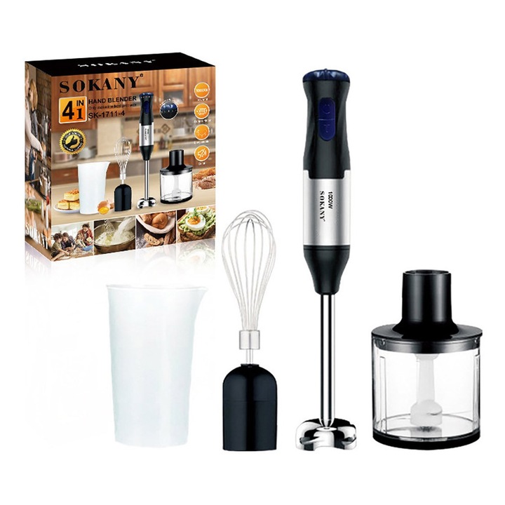 SOKANY Set Blender 4 in 1 cu putere 1000W, 2 viteze, Mixer vertical profesional, cu lame din inox, manere ergonomic, set cu tocator si tel, recipient de 700ml, Negru