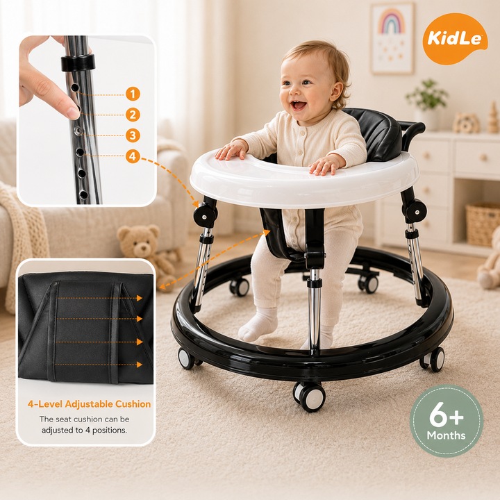 Premergator Copii 3 in 1 Reglabil 9 Trepte Walker, Pliabil, Suport cu Perna, Anti Cadere, Cadru Metalic, Roti 360 Grade, Mod Antemergator, Masuta Mancare, Kidle®, Negru/Alb