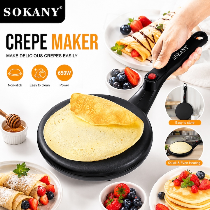 Sokany Aparat de facut clatite, 650 W, diametrul placii 20 cm, usor de folosit, strat antiaderent, spatul pentru intins aluatul, SK-5208, negru