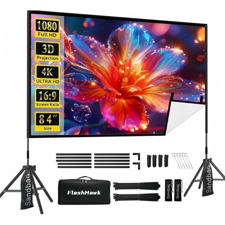 Flash Hawk Ecran proiectie portabil 84 inch 16:9 cu trepied 2m, 195 × 105 cm, alb-negru