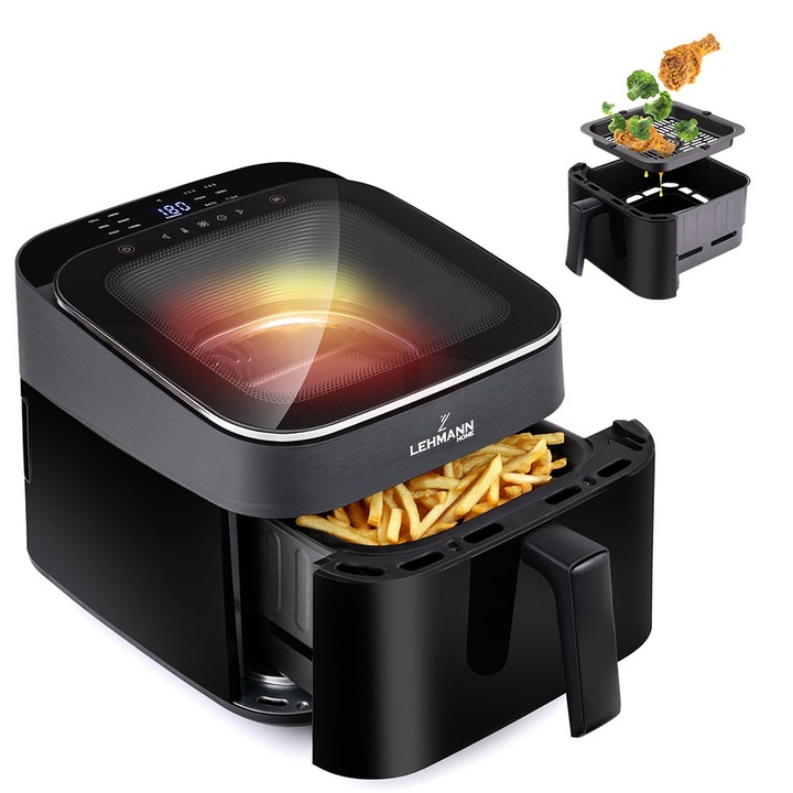 Фритюрник с горещ въздух, без олио, Lehmann Tonali, 1700W, 6.5L, прозорец за преглед, сензорен екран, 80-200°C, 12 предварително зададени функции за готвене, черен