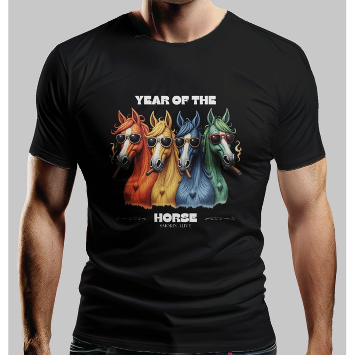 Мъжка тениска Year Of The Horse, 100% памук, черен, L