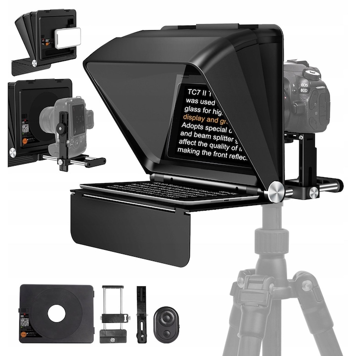 Teleprompter pliabil, Lensgo, TC7 II, 10 inci, pentru camera si telefon, telecomanda Bluetooth, sina de montare reglabila, sticla divizoare fascicul, inregistrare verticala si orizontala posibila, design mobil, setul include suporturi pentru camera si