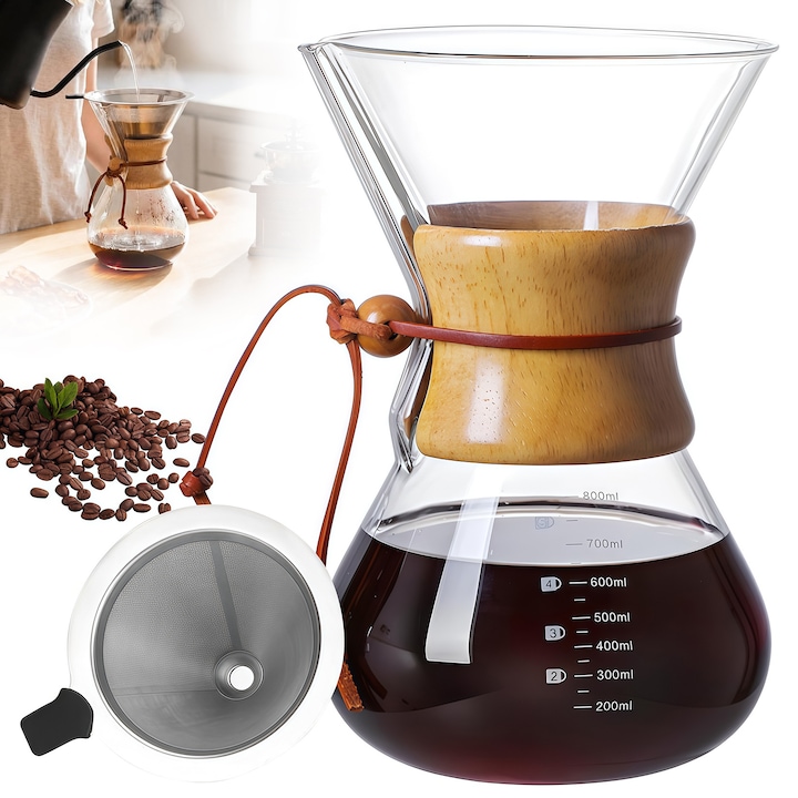 Кафемашина Pour Over, Wacorresi, Ръчна кафемашина, с филтър от неръждаема стомана за многократна употреба, боросиликатно стъкло, V дизайн, 800 мл, Лесна за почистване, за дома и офиса, Прозрачна