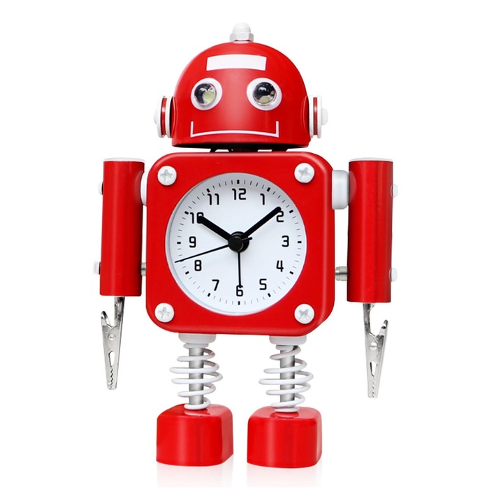Ceas desteptator robot pentru copii, AFKSMILE, Ceas desteptator analog cu lumina intermitenta pentru ochi ai clema de mana, Silentios, Portabil, Potrivit pentru calatorii si activitati in aer liber, 15 * 11 * 4.5cm, Metalic, Rosu