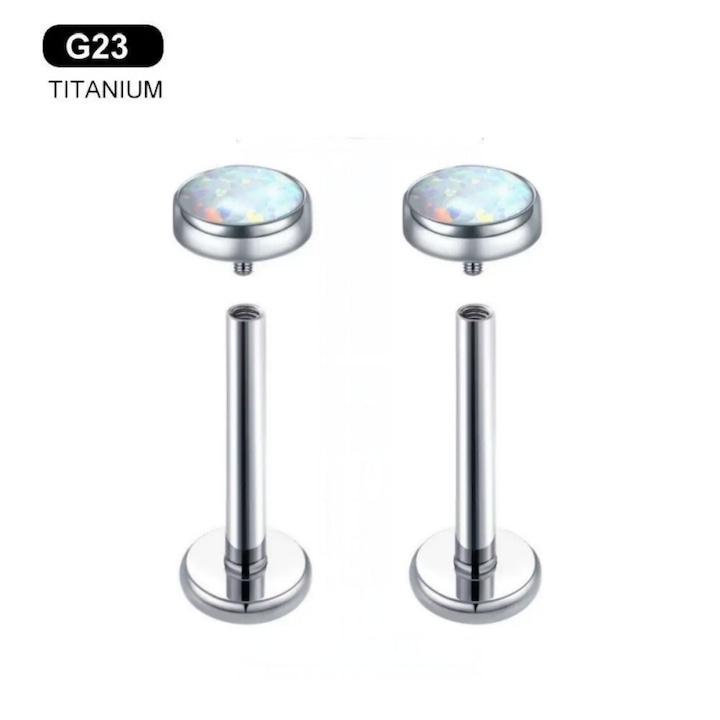 Cercei Medicinali din Titan F136, Diva4u®, Racord Rotativ Filetat, Opal alb natural stralucitor 5 mm, Unisex, Antialergic/Colorfast, Poate fi purtat in timpul baii si al somnului