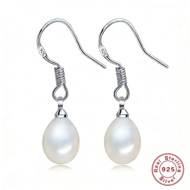 Cercei Din Perla Naturale si Argint Sterling, Diva4u, Tip cu carlig pentru ureche, 100% Argint 925/Perle Naturale 7mm, Antialergic/Colorfast, Include Husa De Catifea Pentru Bijuterii