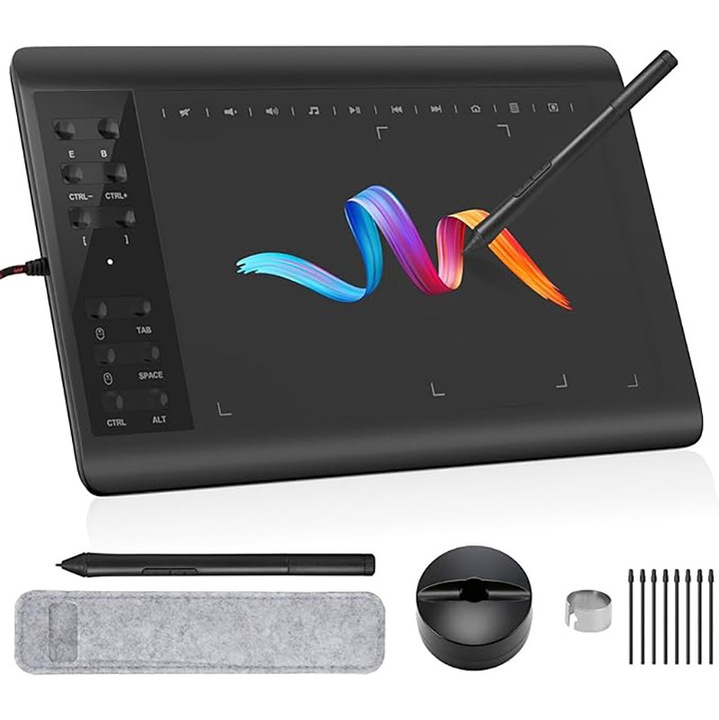 Tableta de desen, Rqiurpn, 8192 niveluri presiune, 10 x 6 inchi, 12 taste rapide, Pen-Stand, 8 varfuri rezerva, compatibil PC/Mac/Android, pentru desen, proiectare si predare online, Negru