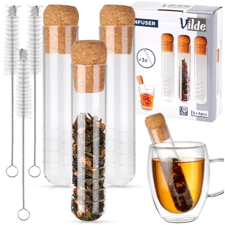 Set De Infuzoare Pentru Ceai, Vilde, 3x14.5 cm, Sticla, Cort Natural, Perii De Curatare Incluse, Rezistenta Ridicata La Temperatura, Transparent