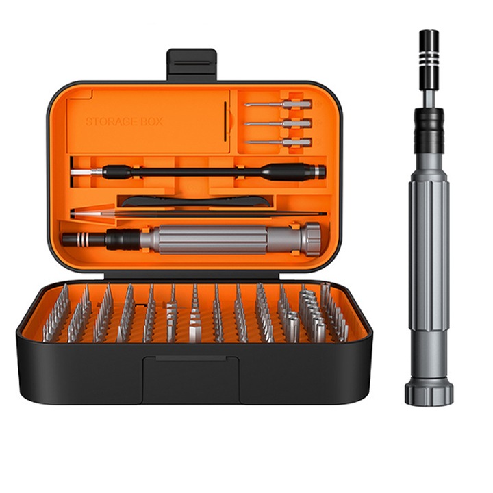 Set Surubelnita de Precizie 130 in 1, Omelivon, Maner Ergonomic 360°, Tija de Extensie Telescopica, Magnetica, cu Carcasa, Kit Reparatii Laptop, PC, Camera, Telefon, Ochelari, Negru/Gri