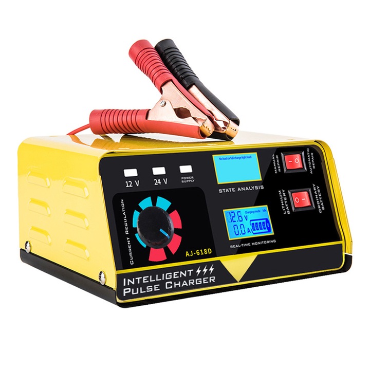 Incarcator Baterii Auto, Rqiurpn, 3 in 1, 20A Baterie Litiu Plumb-Acid, Protectie Scurtcircuit, Repararea Pulsului, Reglati Automat Incarcarea, 12V/24V, 5 Etape, Automat/Manual, Compatibil Masini, Camioane, Incarcare Rapida, cu Protectie, Galben/Negru