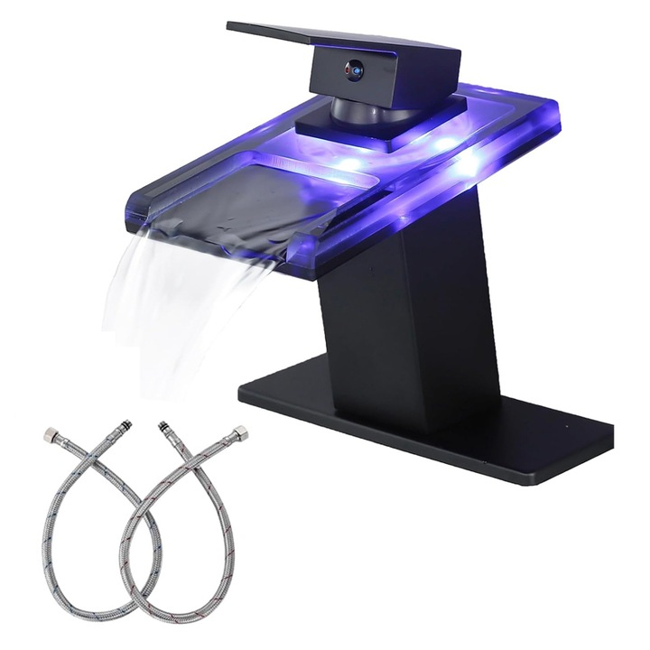 Baterie Chiuveta Baie cu LED si Efect de Cascada, Duueyct, Gura din Sticla, Schimbare Culoare in Functie Temperatura Apei, Chiuveta Baie, Design cu Robinet tip Cascade, Control Un Singur Maner, Economie de Apa and Design Elegant, Negru