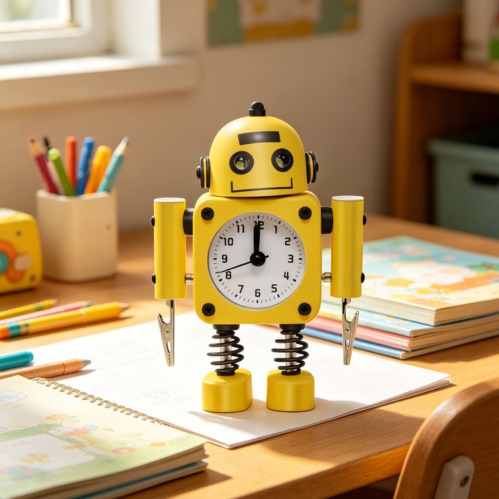 Ceas desteptator robot pentru copii, AFKSMILE, Ceas desteptator analog cu lumina intermitenta pentru ochi ai clema de mana, Silentios, Portabil, Potrivit pentru calatorii si activitati in aer liber, 15 * 11 * 4.5cm, Metalic, Galben
