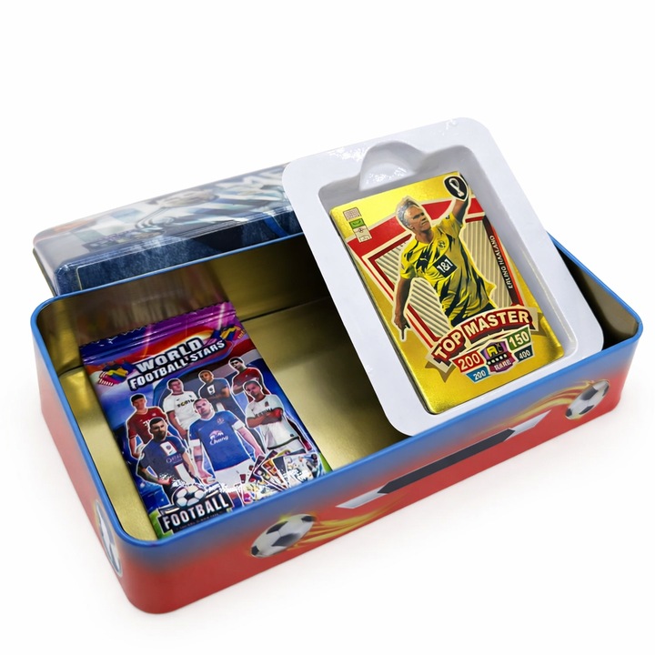 Set 50 Carduri Fotbal Colectionabile – Cutie Metalica, Carduri Speciale, Plansa de Joc Inclusa, Joc Interactiv pentru Copii 6+