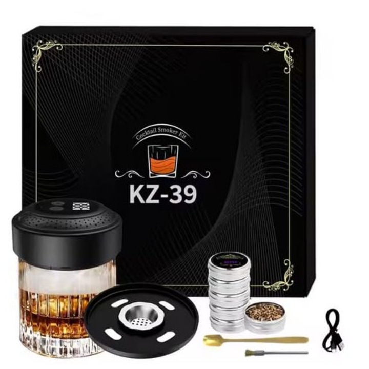 Set fumator electric pentru cocktailuri, cu LED, 6 chipsuri de lemn, plasa din otel inoxidabil, pentru whiskey, fara butan
