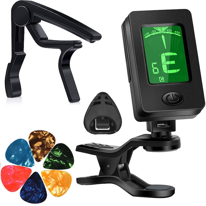 Accesorii pentru chitara, Omelivon, 1 tuner, 1 capo, 6 picks colorate, portabil, design ergonomic, Usor de utilizat, Durabile, Pentru jucatorii profesionisti si incepatori, Aliaj de zinc/Silicon, Negru