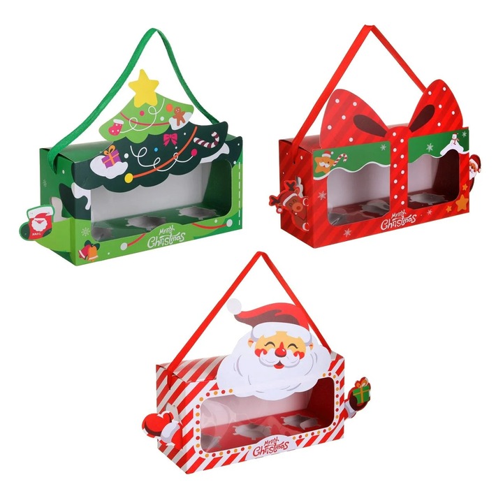 Cutii de Craciun cu Fereastra pentru 3 Briose, design Mos Craciun, roșu-alb, set 3 buc, 26, 5x9x13cm