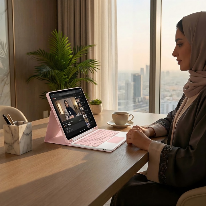 Husa pentru iPad Pro 11" 2024, cu tastatura Bluetooth tactila detasabila, iluminare RGB 7 culori, include folie de protectie ecran, stylus capacitiv, mouse wireless si husa silicon pentru tastatura, Ugo®, Roz