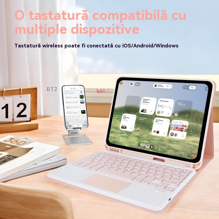 Husa pentru iPad Pro 11" 2024, cu tastatura Bluetooth tactila detasabila, iluminare RGB 7 culori, include folie de protectie ecran, stylus capacitiv, mouse wireless si husa silicon pentru tastatura, Ugo®, Roz
