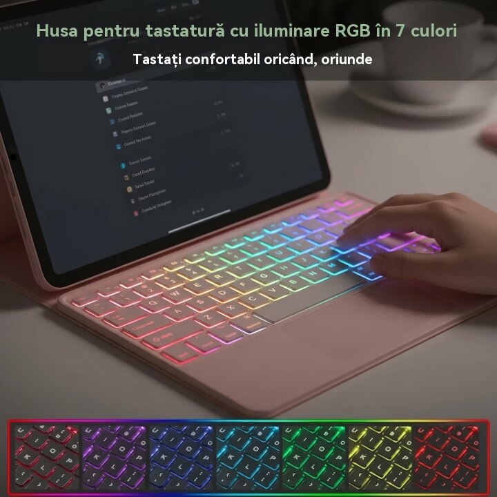 Husa pentru iPad Pro 11" 2024, cu tastatura Bluetooth tactila detasabila, iluminare RGB 7 culori, include folie de protectie ecran, stylus capacitiv, mouse wireless si husa silicon pentru tastatura, Ugo®, Roz