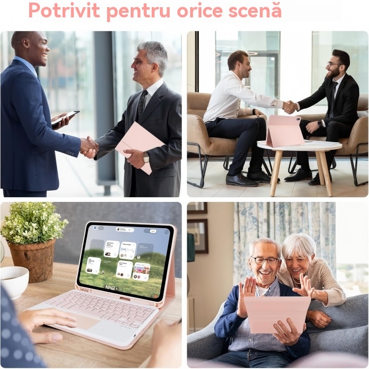 Husa pentru iPad Pro 11" 2024, cu tastatura Bluetooth tactila detasabila, iluminare RGB 7 culori, include folie de protectie ecran, stylus capacitiv, mouse wireless si husa silicon pentru tastatura, Ugo®, Roz
