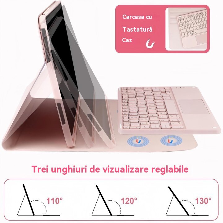 Husa pentru iPad Pro 11" 2024, cu tastatura Bluetooth tactila detasabila, iluminare RGB 7 culori, include folie de protectie ecran, stylus capacitiv, mouse wireless si husa silicon pentru tastatura, Ugo®, Roz