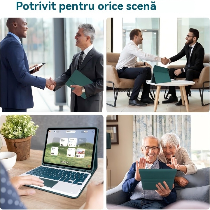 Husa pentru iPad Pro 11" 2024, cu tastatura Bluetooth tactila detasabila, iluminare RGB 7 culori, include folie de protectie ecran, stylus capacitiv, mouse wireless si husa silicon pentru tastatura, Ugo®, Verde inchis