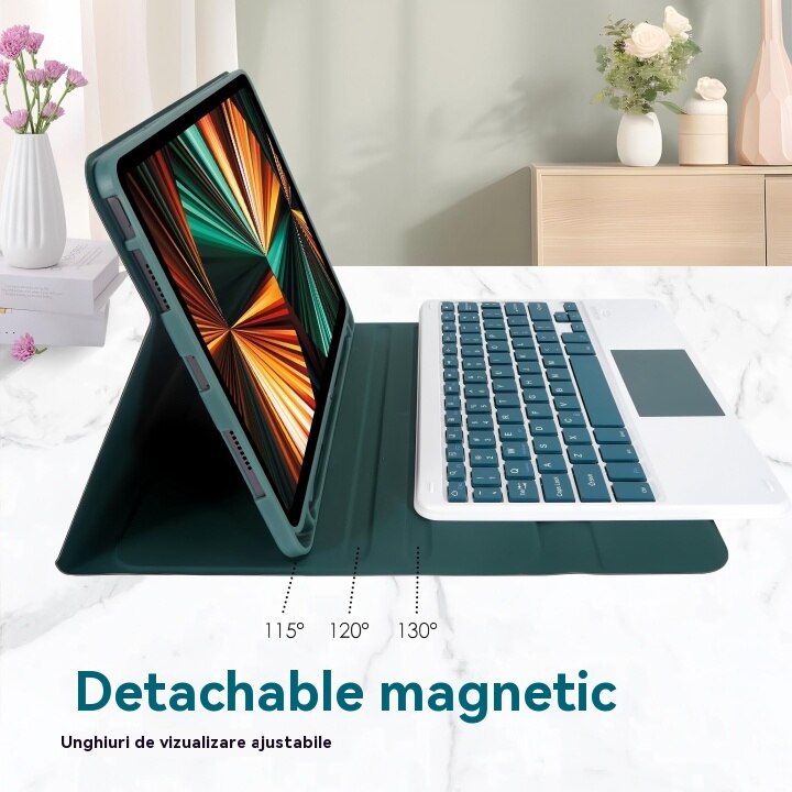 Husa pentru iPad Pro 11" 2024, cu tastatura Bluetooth tactila detasabila, iluminare RGB 7 culori, include folie de protectie ecran, stylus capacitiv, mouse wireless si husa silicon pentru tastatura, Ugo®, Verde inchis