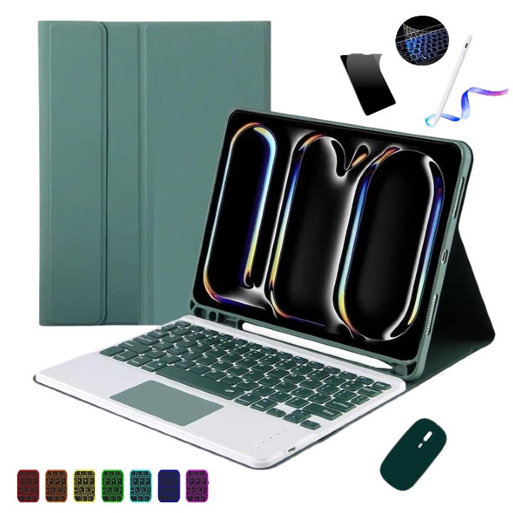 Husa pentru iPad Pro 11" 2024, cu tastatura Bluetooth tactila detasabila, iluminare RGB 7 culori, include folie de protectie ecran, stylus capacitiv, mouse wireless si husa silicon pentru tastatura, Ugo®, Verde inchis