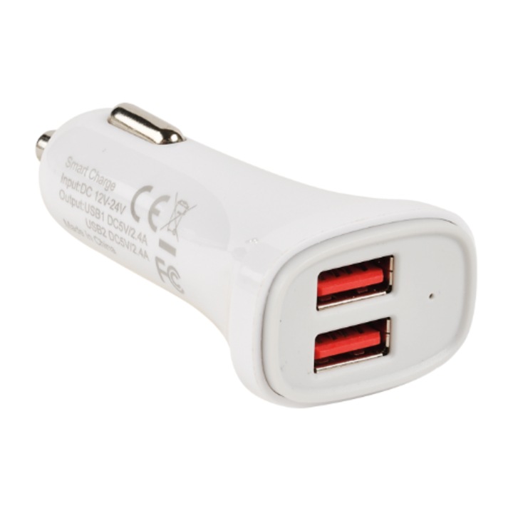 Incarcator auto Erard, alb, 2 porturi USB, 5V/2.4V, 3.4A