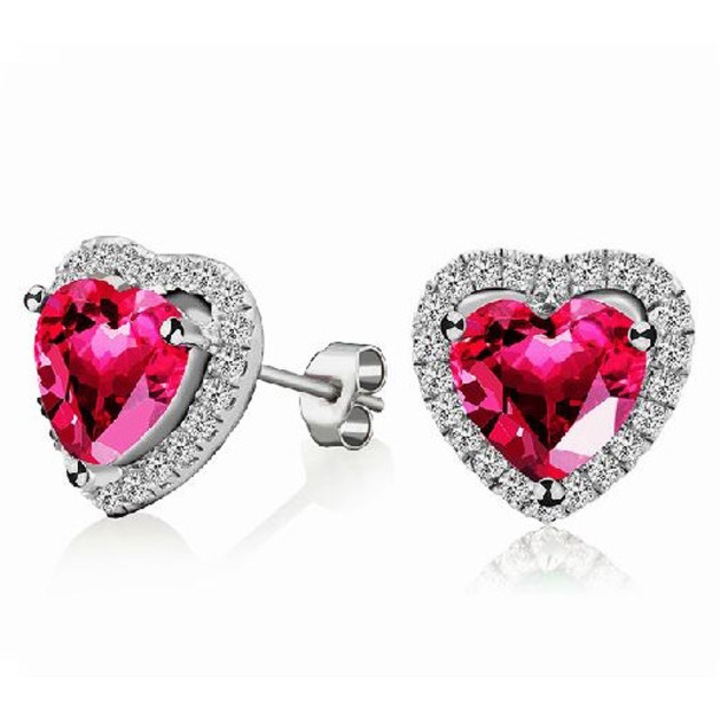 Cercei stud inima, placat aur 18K, zirconiu cubic rosu smarald, argintiu, mic