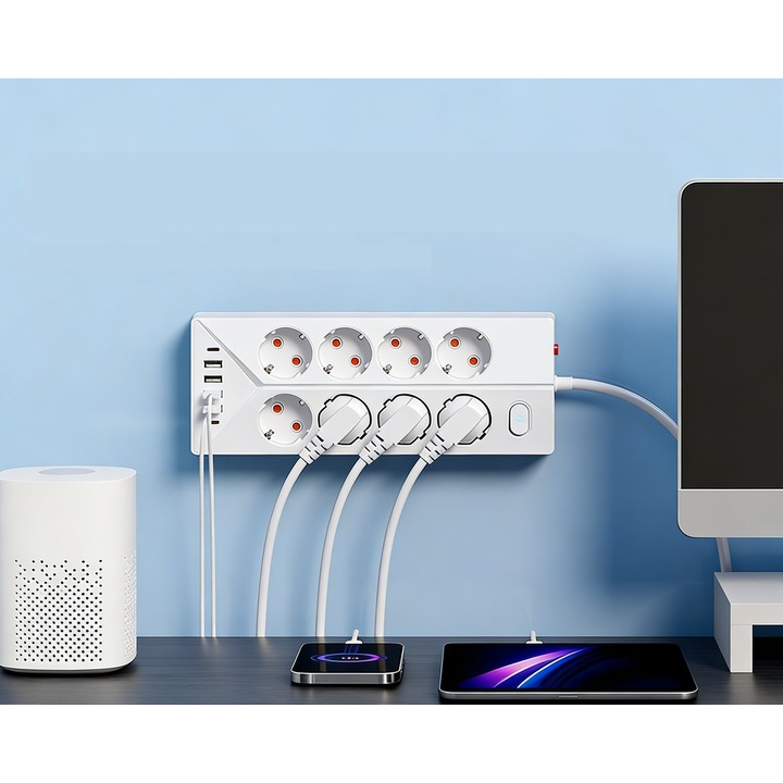 prelungitor 4000W, 180CM, cu 8 prize,4 porturi USB si 2 port de tip C, priza multifunctionala montata pe perete/priza de alimentare domestica cu intrerupator si protectie la supratensiune