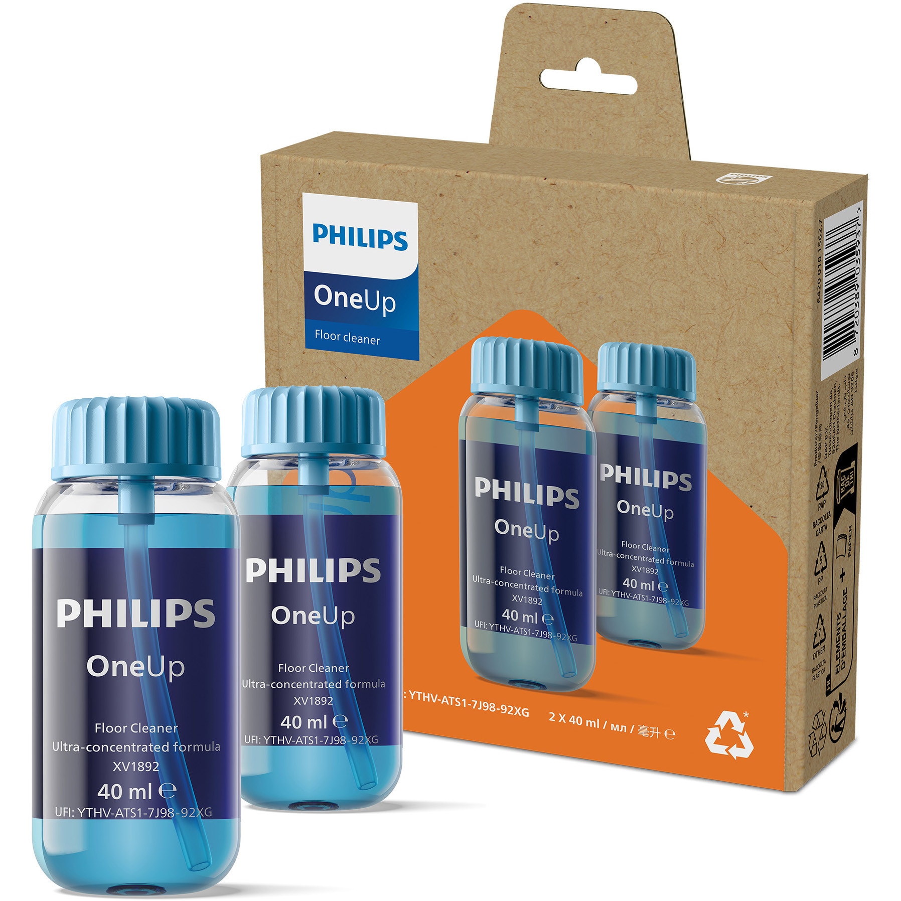 Solutie de curatat pardoseli Philips OneUp XV1892/02, ultraconcentrata, suficient pentru pana la 40 de utilizari, blanda cu pardoselile si mediul, adecvata pentru animale si toată