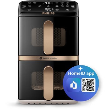 Friteuza cu aer cald verticala Philips Dual Basket Stacked Seria 4000, NA462/80, compact digital, 2 cosuri simetrice suprapuse cu ferestre si strat ceramic fara PFAS, capacitate totala 10L, 2750 W, 13-in-1 functii de gatire, 6 programe presetate, negru