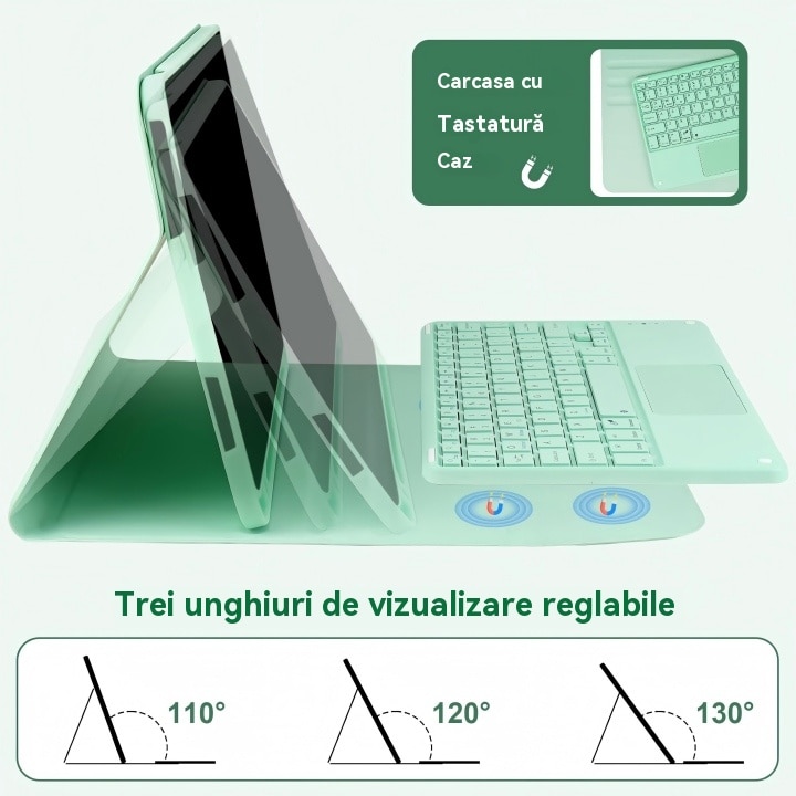 Husa pentru iPad Pro 11" 2024, cu tastatura Bluetooth tactila detasabila, iluminare RGB 7 culori, include folie de protectie ecran, stylus capacitiv, mouse wireless si husa silicon pentru tastatura, Ugo®, Verde deschis