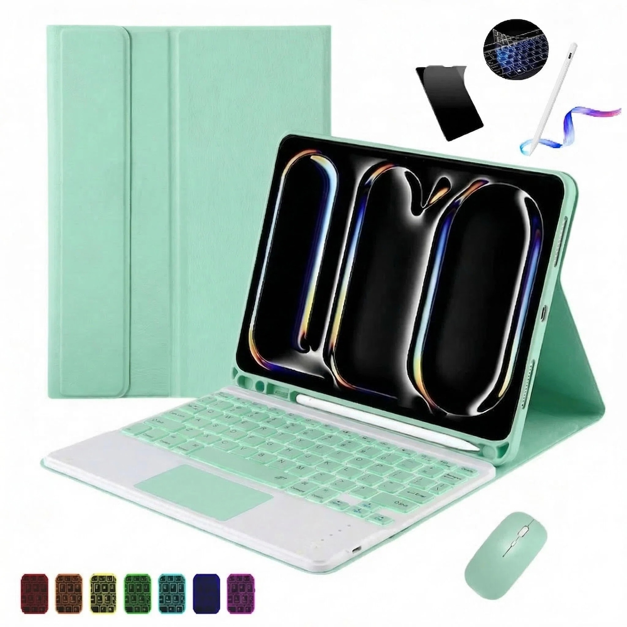 Husa pentru iPad Pro 11" 2024, cu tastatura Bluetooth tactila detasabila, iluminare RGB 7 culori, include folie de protectie ecran, stylus capacitiv, mouse wireless si husa silicon pentru tastatura, Ugo®, Verde deschis