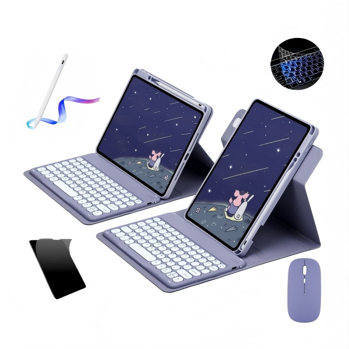 360°-ban forgatható iPad tok, levehető Bluetooth billentyűzettel, képernyővédő fóliával, kapacitív ceruzával, vezeték nélküli egérrel és szilikon billentyűzet tokkal, Ugo®, Sötétlila