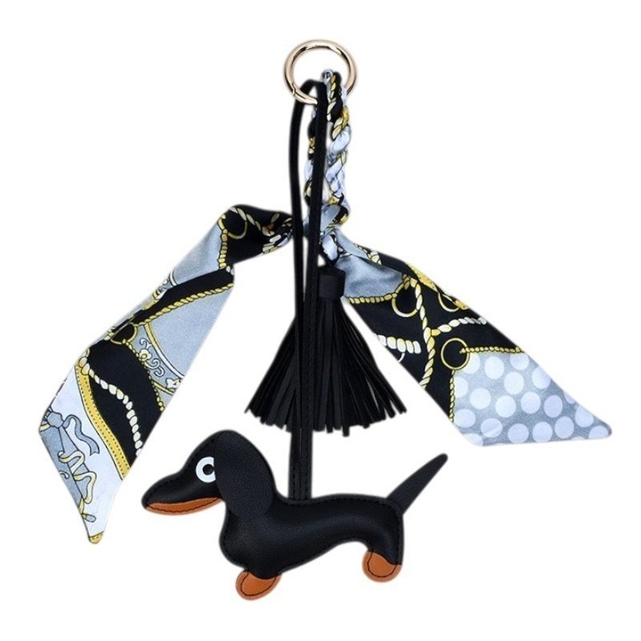 Bőr kulcstartó, ECARLA, fekete rojtokkal, 14x8cm