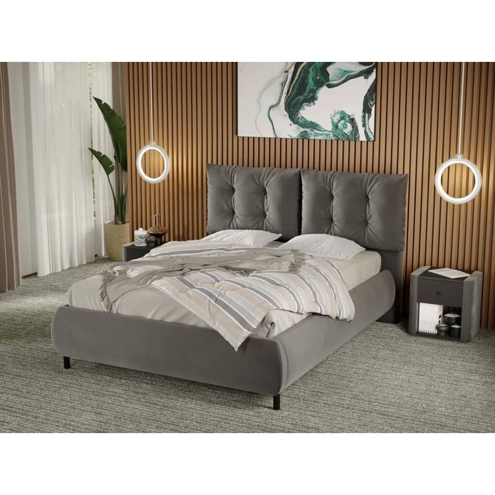 Pat Tapitat Laguna Anubis, cu Perne pe Spatar, 160x200, Gri, 176x210cm