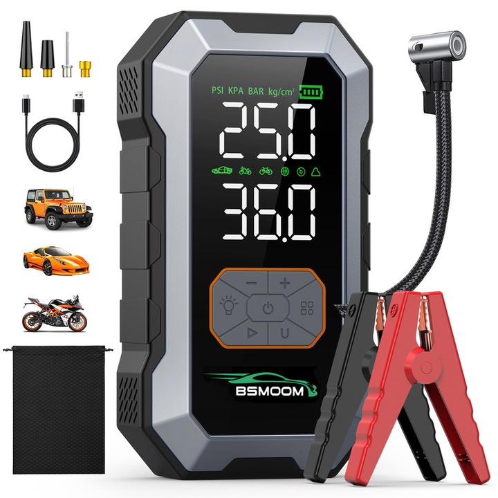 Starter auto portabil 4 in 1 multifunctional BSMOOM 8000A, compresor de aer 150 PSI, baterie 12V, 16800 mAh power bank, lanterna LED de urgenta, afisaj LCD dublu digital in timp real, pentru masini, motociclete si SUV