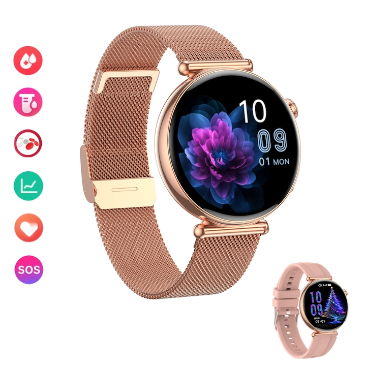 Lommad női okosóra, EKG és vércukorszint monitorozás, arany, 1,32 hüvelykes, rózsaszín szíj ajándékba