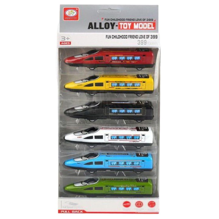 Set 6 x Trenuri de jucarie pentru copii, cu mecanism pull-back, multicolor, 38×17×4 cm, 3+ ani