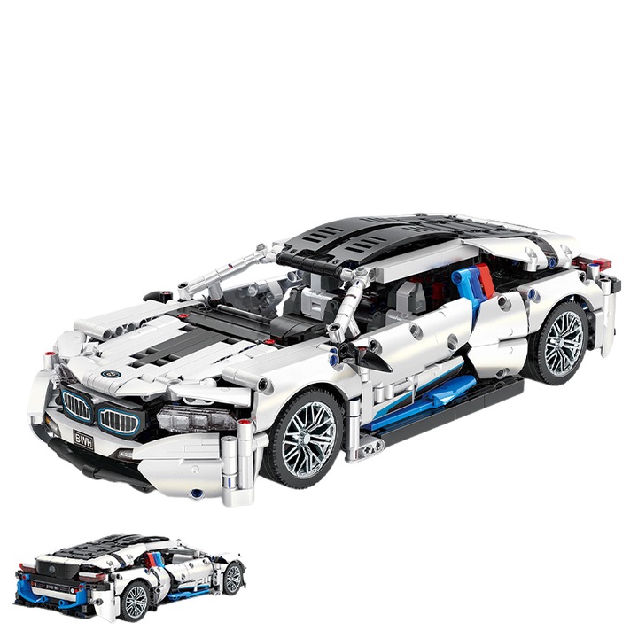 Комплект за изграждане на спортна кола, BMW, 1:14, бяла, с голямо задно крило и черни джанти със спици