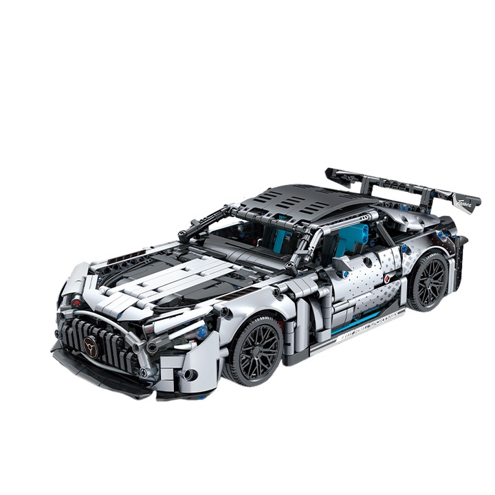 Set de constructie masina sport, Silver Demon, 1:14, argintie, cu aripa spate mare si jante cu spite negre