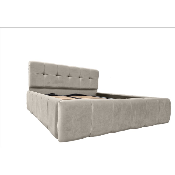 Pat Dionis tapitat 200/200 cu somiera rabatabila si spatiu depozitare crem